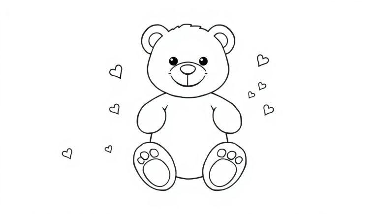 Schwarz-Weiß-Farbtafel eines niedlichen Teddybären mit Herzchen.