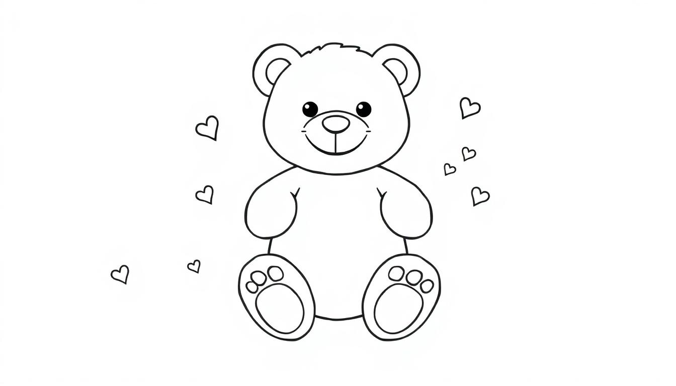 Schwarz-Weiß-Farbtafel eines niedlichen Teddybären mit Herzchen.