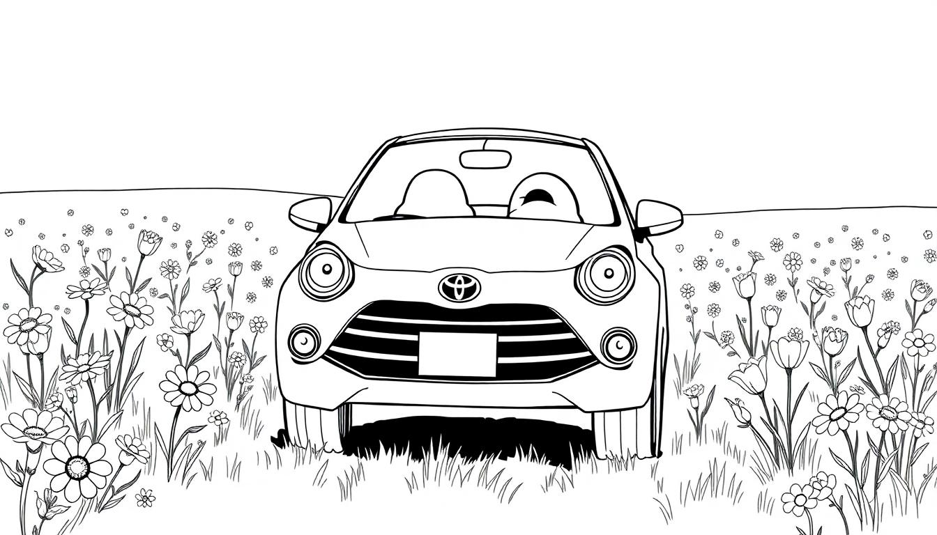 Ein kleines rotes Toyota-Auto steht auf einer bunten Blumenwiese.