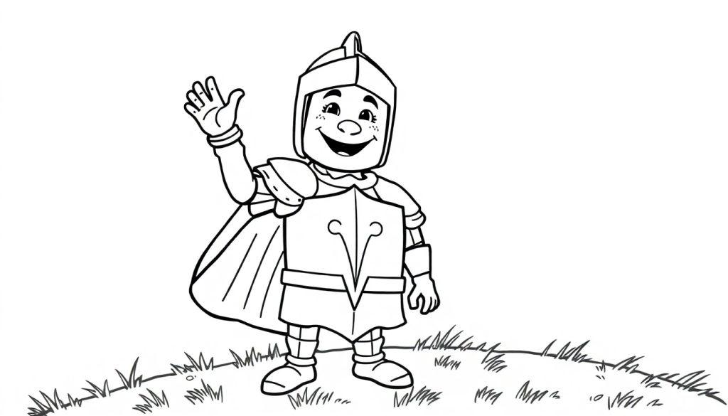 Ein fröhlicher Ritter in voller Rüstung winkt mit seiner linken Hand, eine Schwarz-Weiß-Farbtafel für Kinder.