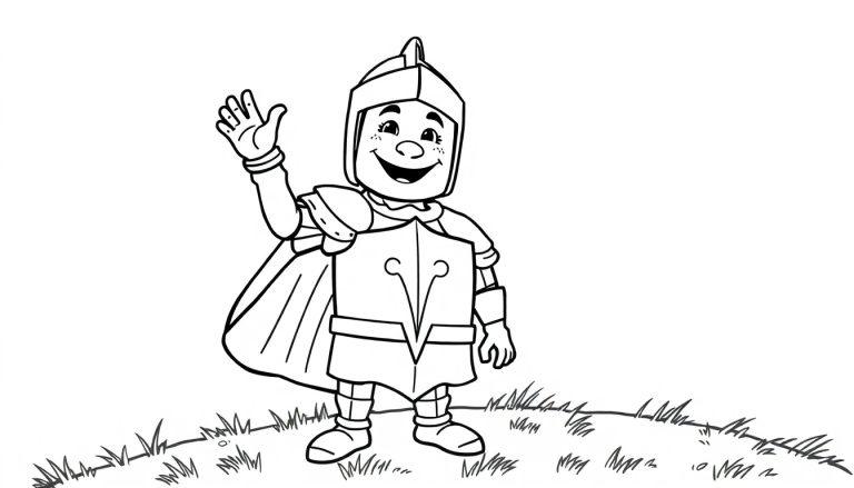 Ein fröhlicher Ritter in voller Rüstung winkt mit seiner linken Hand, eine Schwarz-Weiß-Farbtafel für Kinder.