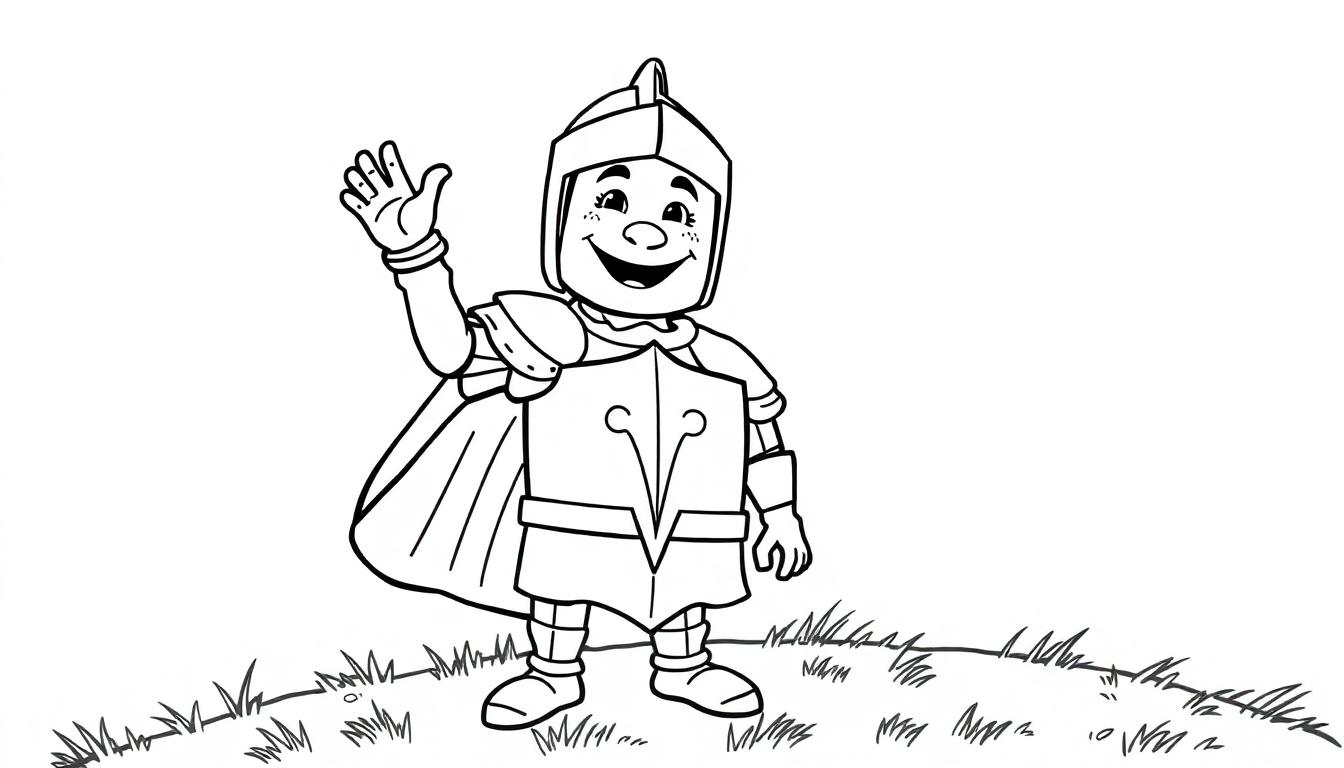 Ein fröhlicher Ritter in voller Rüstung winkt mit seiner linken Hand, eine Schwarz-Weiß-Farbtafel für Kinder.