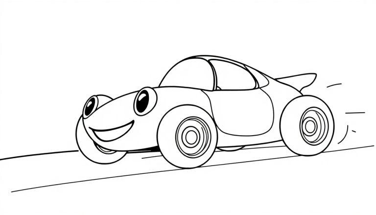 Eine süße Farbtafel-Ausmalvorlage eines Cartoon-Autos mit großen Augen und einem Lächeln.