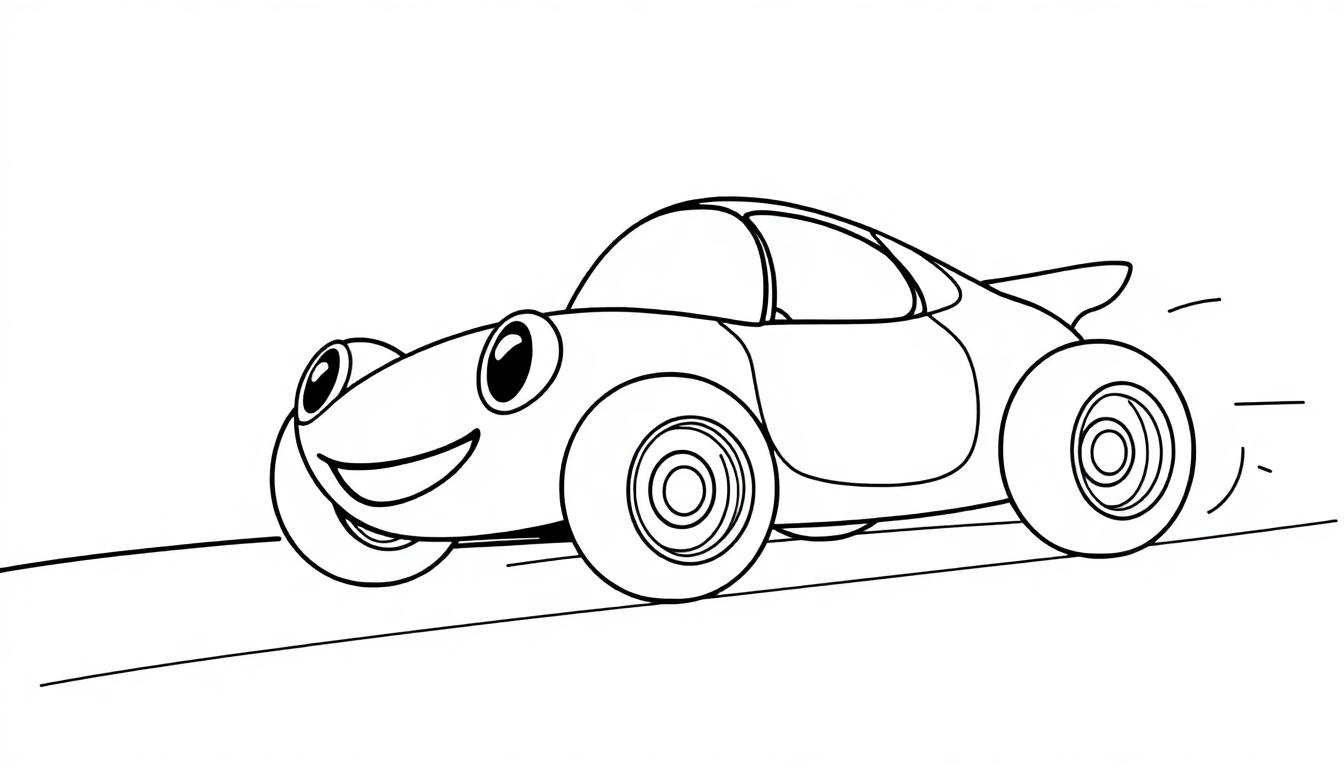 Eine süße Farbtafel-Ausmalvorlage eines Cartoon-Autos mit großen Augen und einem Lächeln.