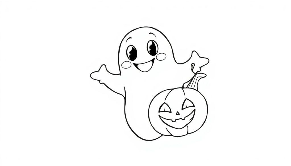 Ausmalbild eines freundlichen Geistes mit einem Kürbis für Halloween.