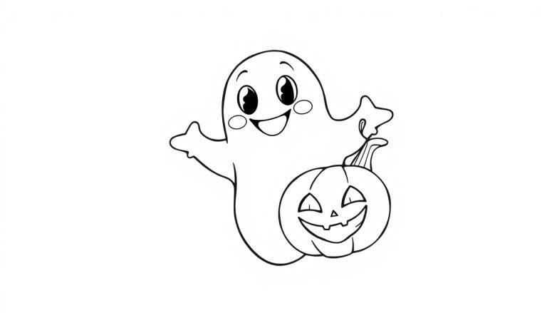 Ausmalbild eines freundlichen Geistes mit einem Kürbis für Halloween.