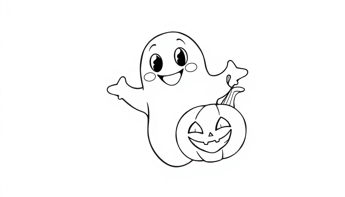 Ausmalbild eines freundlichen Geistes mit einem Kürbis für Halloween.