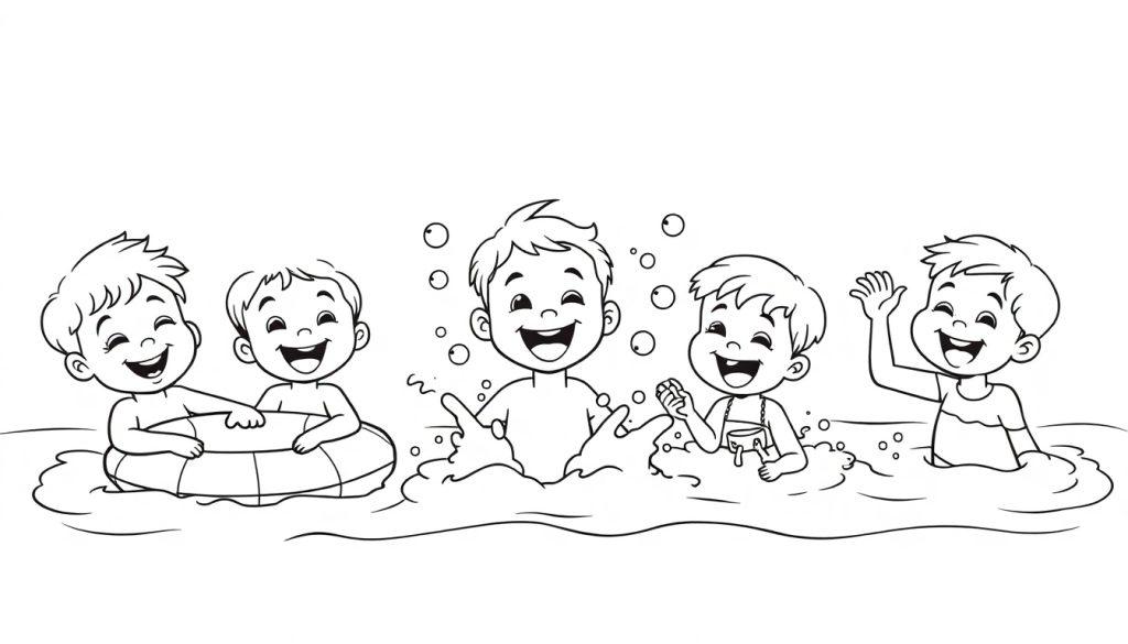 Farbtafel: Fünf lachende Cartoon-Kinder spielen im Wasser, einer teilt einen Schwimmring, ein anderer ist von Blasen umgeben, einer spritzt mit einer Schale und einer winkt.