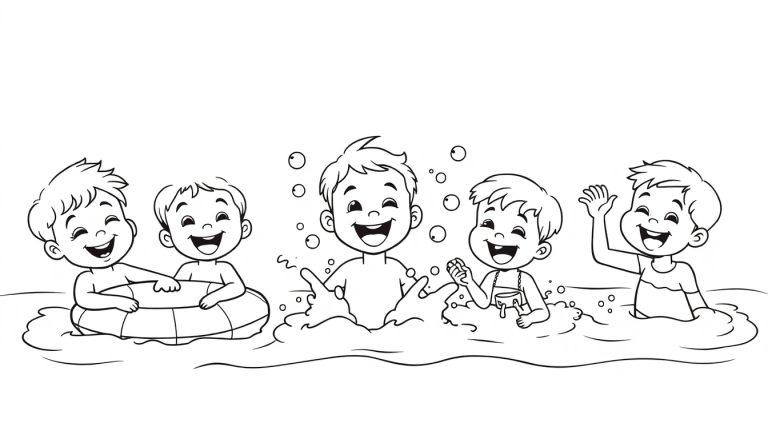 Farbtafel: Fünf lachende Cartoon-Kinder spielen im Wasser, einer teilt einen Schwimmring, ein anderer ist von Blasen umgeben, einer spritzt mit einer Schale und einer winkt.