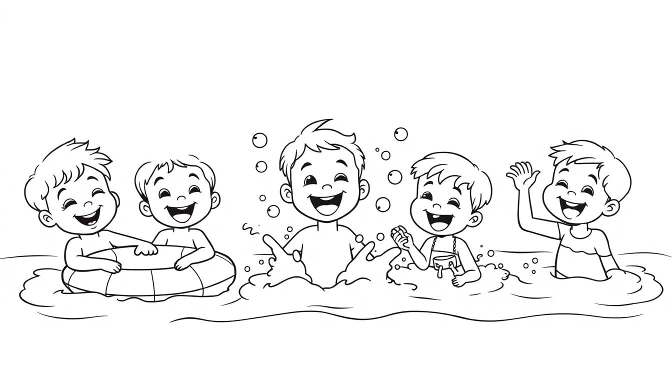Farbtafel: Fünf lachende Cartoon-Kinder spielen im Wasser, einer teilt einen Schwimmring, ein anderer ist von Blasen umgeben, einer spritzt mit einer Schale und einer winkt.