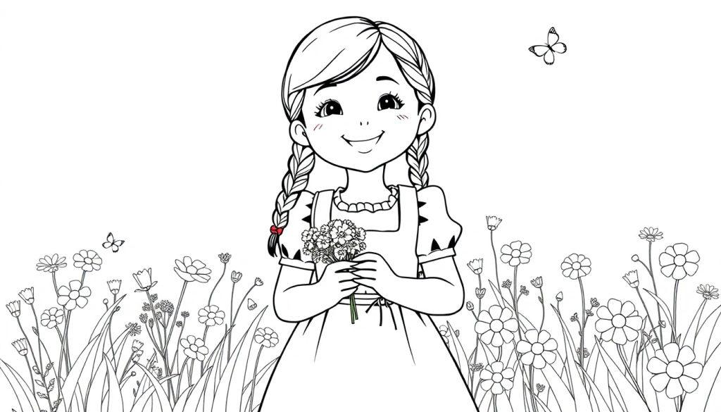 Ein schwarz-weißes Bild eines Mädchens im Dirndl mit geflochtenen Zöpfen und einem Blumenstrauß, bereit zum Ausmalen als Farbtafel.