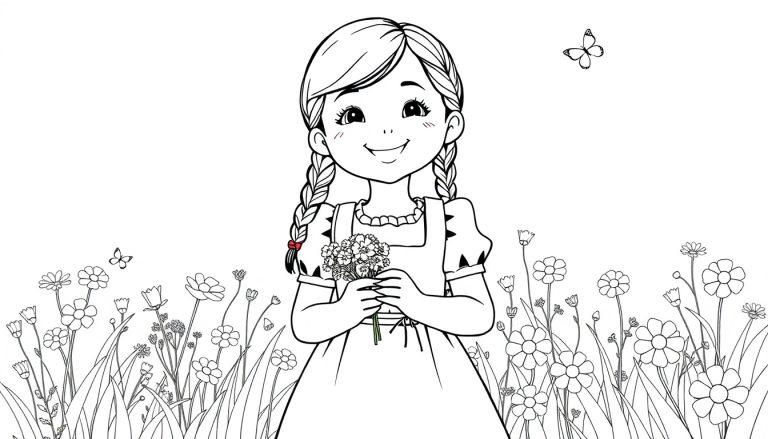 Ein schwarz-weißes Bild eines Mädchens im Dirndl mit geflochtenen Zöpfen und einem Blumenstrauß, bereit zum Ausmalen als Farbtafel.