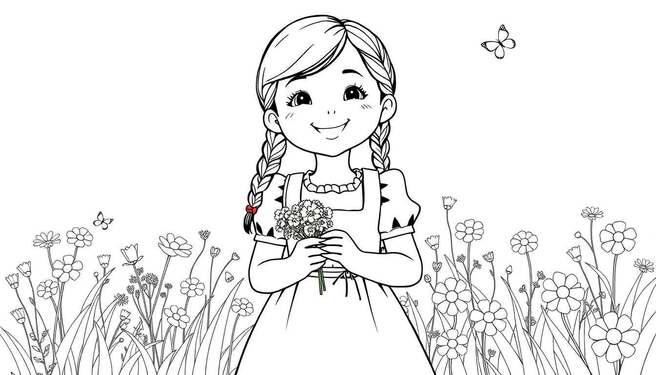 Ein schwarz-weißes Bild eines Mädchens im Dirndl mit geflochtenen Zöpfen und einem Blumenstrauß, bereit zum Ausmalen als Farbtafel.