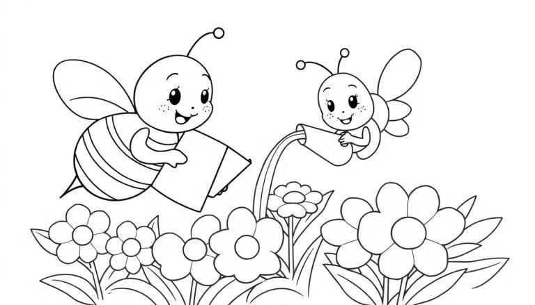 Eine niedliche Mama-Biene mit ihrem Baby-Bienchen, die Blumen bewässern – Schwarz-weiß Malvorlage für Kinder (Farbtafel)
