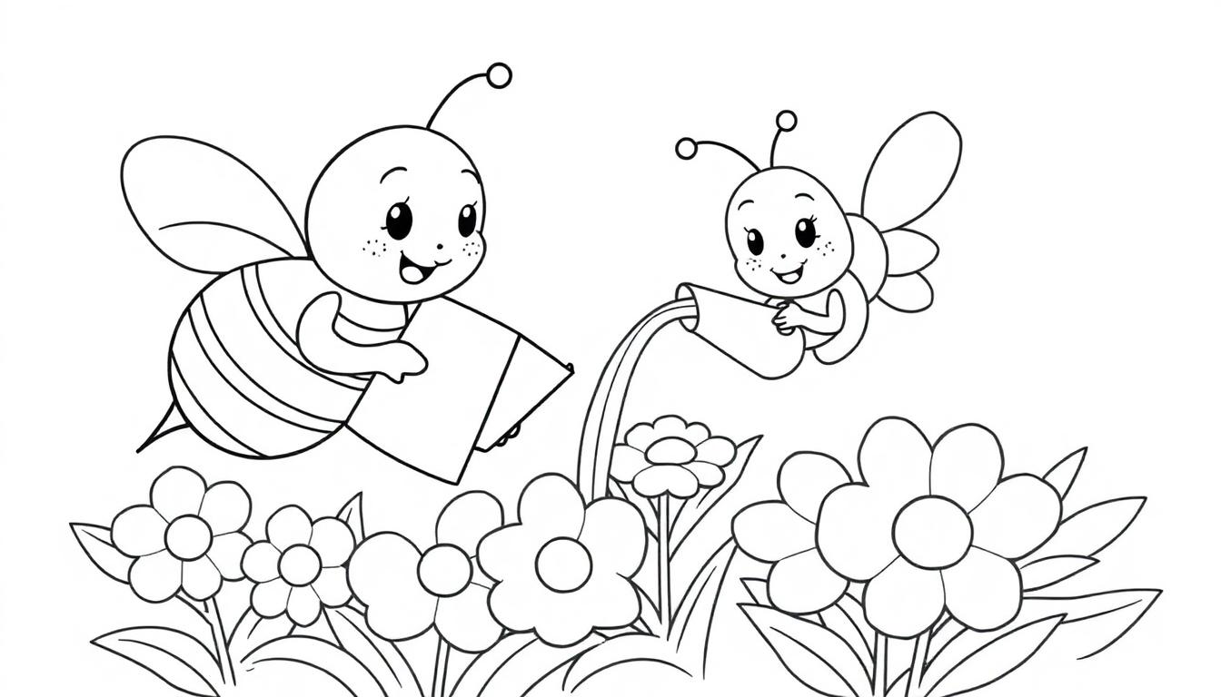 Eine niedliche Mama-Biene mit ihrem Baby-Bienchen, die Blumen bewässern – Schwarz-weiß Malvorlage für Kinder (Farbtafel)