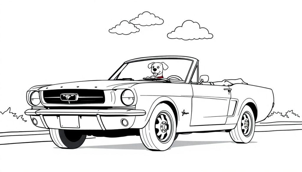 Ein Hund mit einem roten Halsband fährt in einem klassischen Mustang Cabriolet. Eine Farbtafel zum Ausmalen.