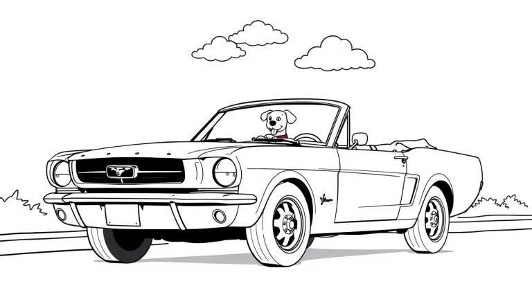 Ein Hund mit einem roten Halsband fährt in einem klassischen Mustang Cabriolet. Eine Farbtafel zum Ausmalen.
