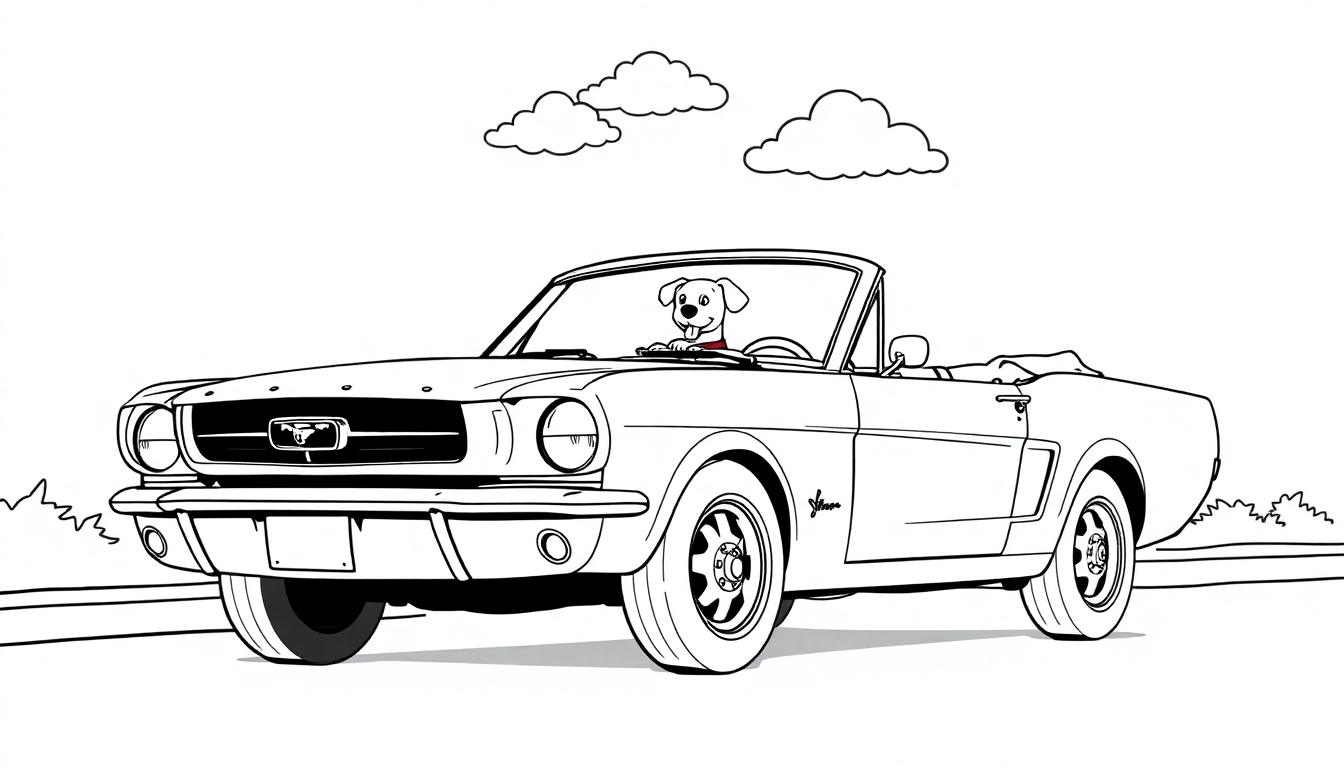 Ein Hund mit einem roten Halsband fährt in einem klassischen Mustang Cabriolet. Eine Farbtafel zum Ausmalen.