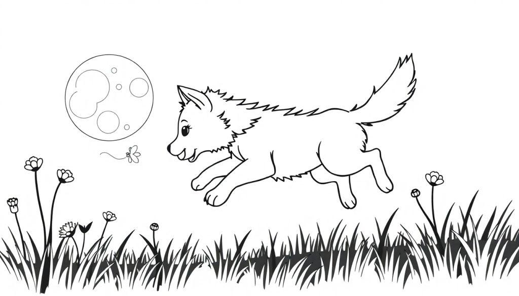 Farbtafel: Ein lustiger Cartoon-Wolf springt im Mondlicht über eine Wiese.