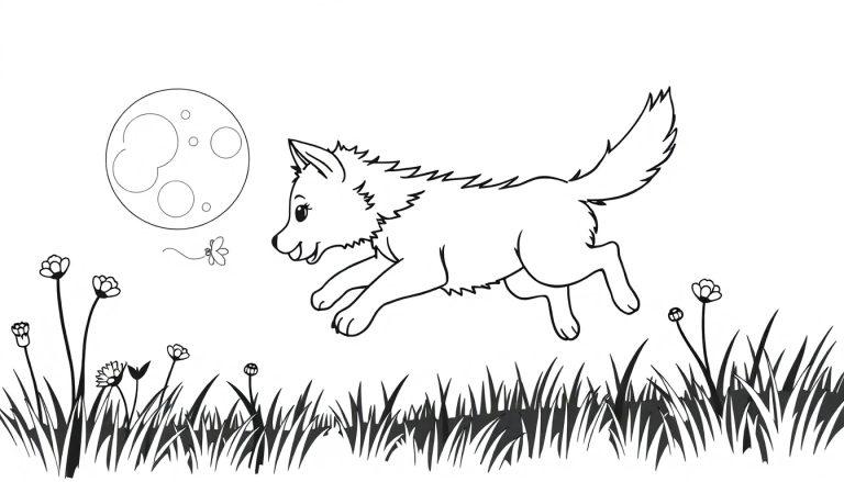Farbtafel: Ein lustiger Cartoon-Wolf springt im Mondlicht über eine Wiese.