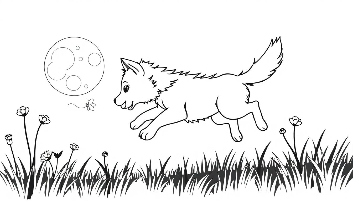 Farbtafel: Ein lustiger Cartoon-Wolf springt im Mondlicht über eine Wiese.