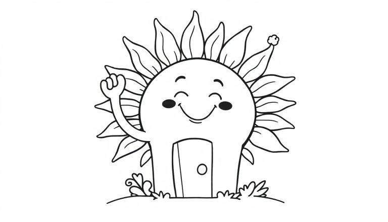 Eine fröhliche Sonnenblume als Haus, mit winkendem Arm, als Farbtafel für Kinder.