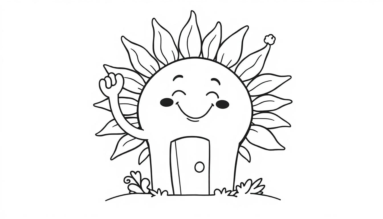 Eine fröhliche Sonnenblume als Haus, mit winkendem Arm, als Farbtafel für Kinder.