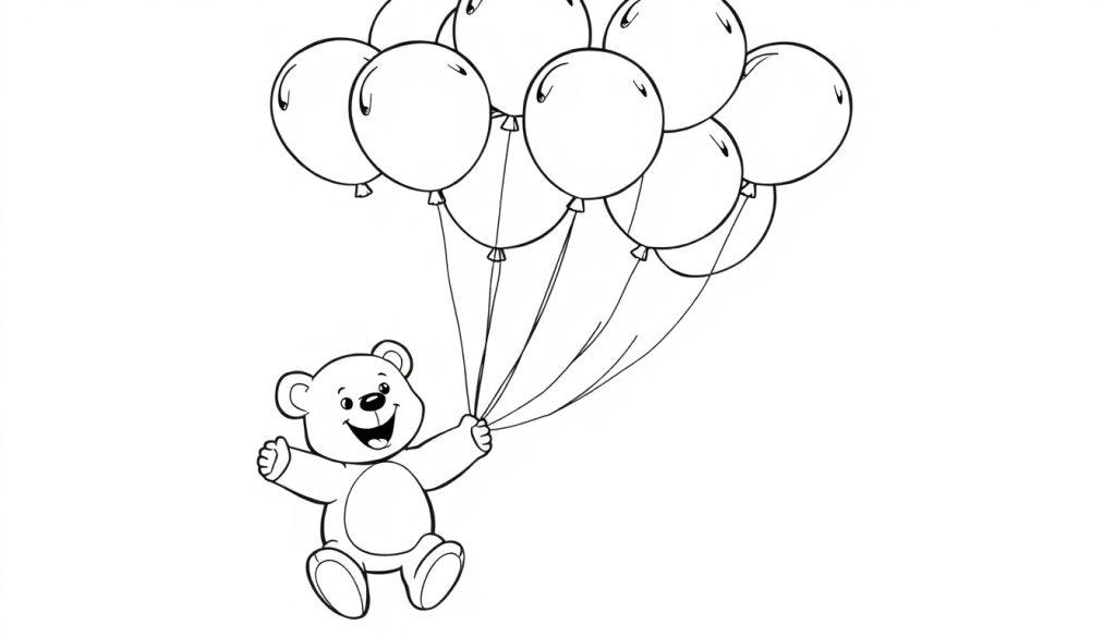 Eine schwarz-weiße Farbtafel-Zeichnung eines niedlichen Teddybären, der von bunten Ballons in die Luft gezogen wird und fröhlich lächelt.
