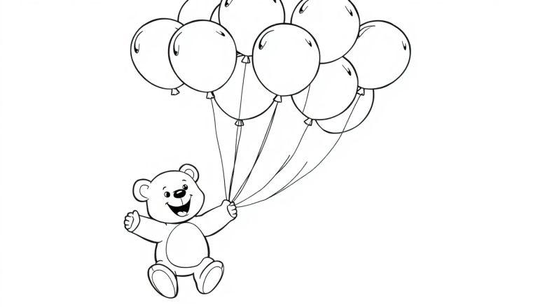 Eine schwarz-weiße Farbtafel-Zeichnung eines niedlichen Teddybären, der von bunten Ballons in die Luft gezogen wird und fröhlich lächelt.