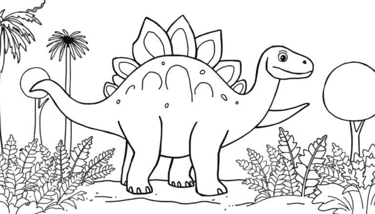 Schwarz-weiße Farbtafel eines freundlichen Stegosaurus im tropischen Wald.