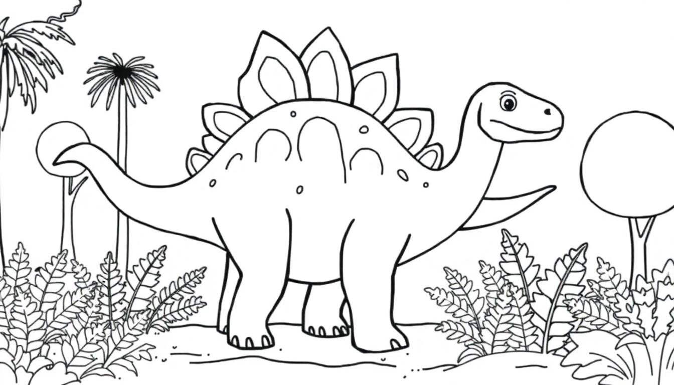 Schwarz-weiße Farbtafel eines freundlichen Stegosaurus im tropischen Wald.