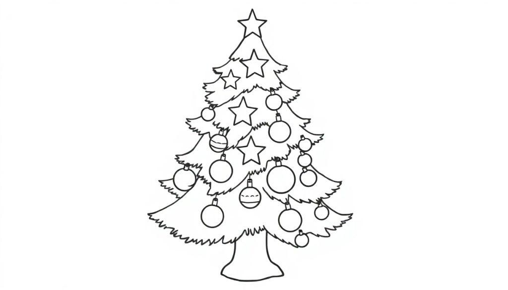Eine Farbtafel eines stilisierten Weihnachtsbaums mit Sternen und Kugeln.