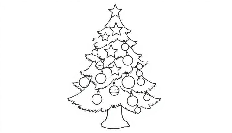 Eine Farbtafel eines stilisierten Weihnachtsbaums mit Sternen und Kugeln.
