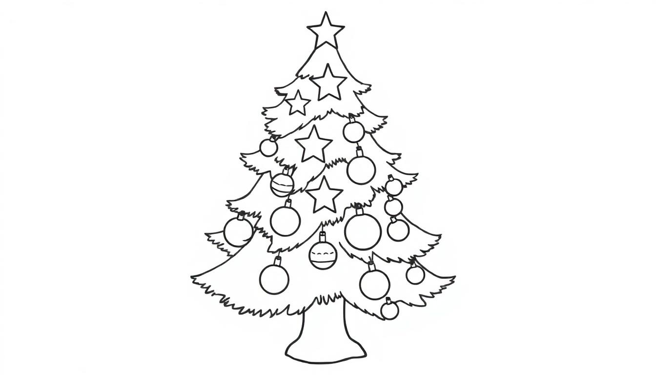 Eine Farbtafel eines stilisierten Weihnachtsbaums mit Sternen und Kugeln.