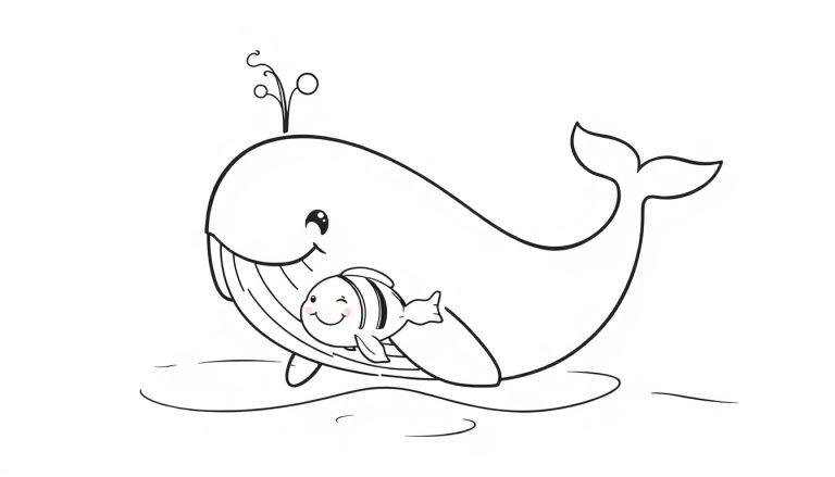 Schwarz-weiß Malvorlage mit einem lächelnden Wal und einem Fisch, die Freundschaft zeigen.