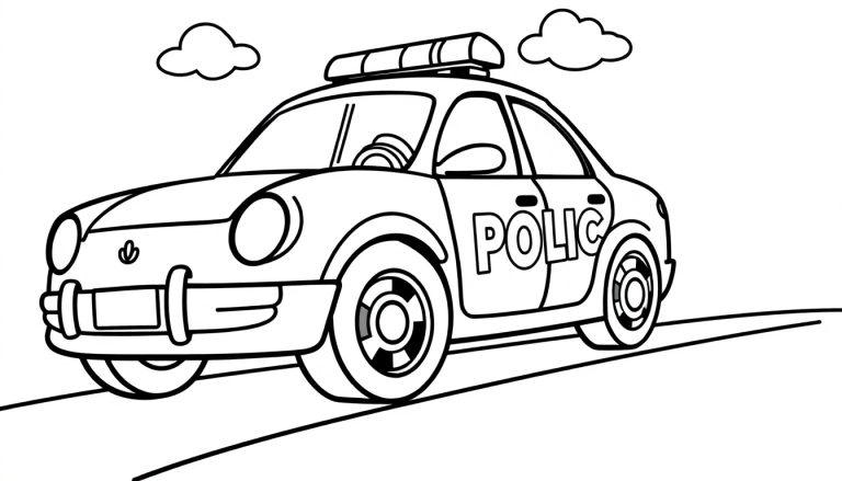 Schwarz-weiß Farbtafel eines Polizeiautos mit Lichtleiste auf dem Dach und der Aufschrift „POLIC“.
