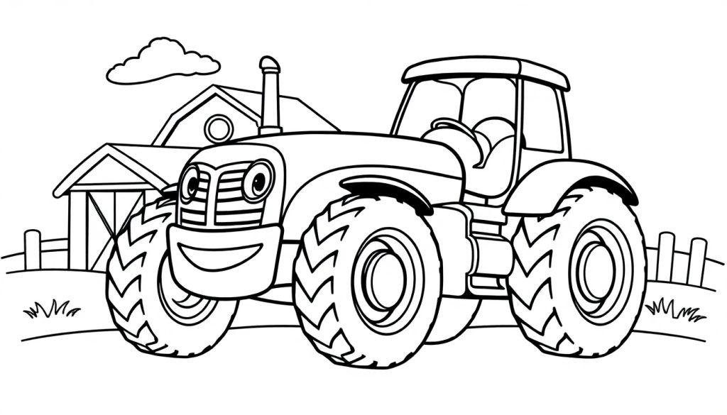 Eine Schwarzweiß-Farbtafel eines freundlichen Cartoon-Traktors auf einem Bauernhof.