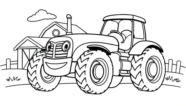 Eine Schwarzweiß-Farbtafel eines freundlichen Cartoon-Traktors auf einem Bauernhof.