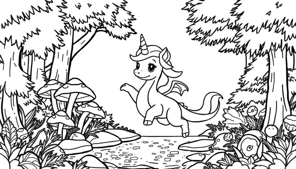 Eine Schwarz-Weiß-Farbtafel eines Einhorn-Drachen in einem Wald.