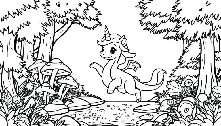 Eine Schwarz-Weiß-Farbtafel eines Einhorn-Drachen in einem Wald.