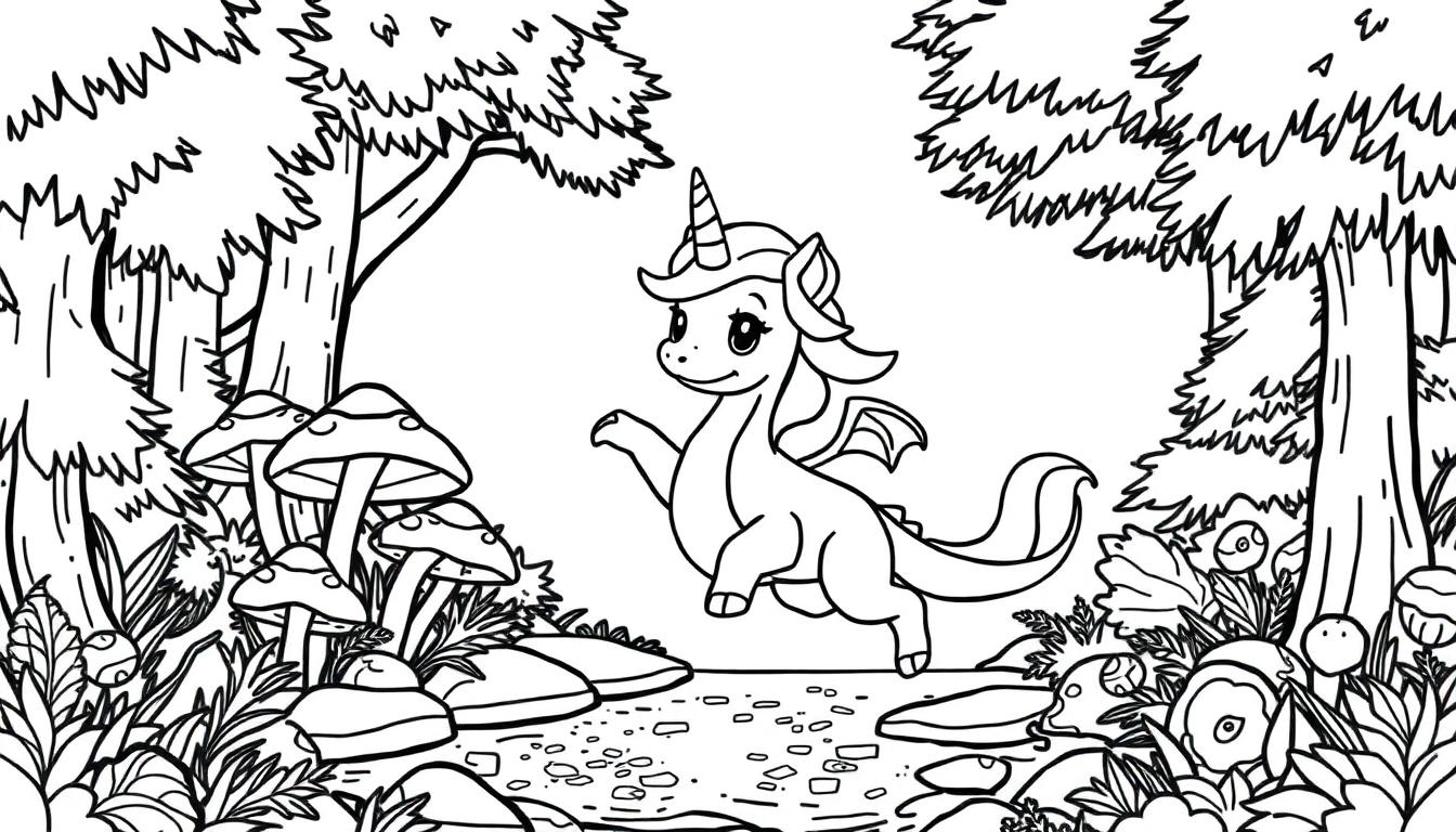 Eine Schwarz-Weiß-Farbtafel eines Einhorn-Drachen in einem Wald.
