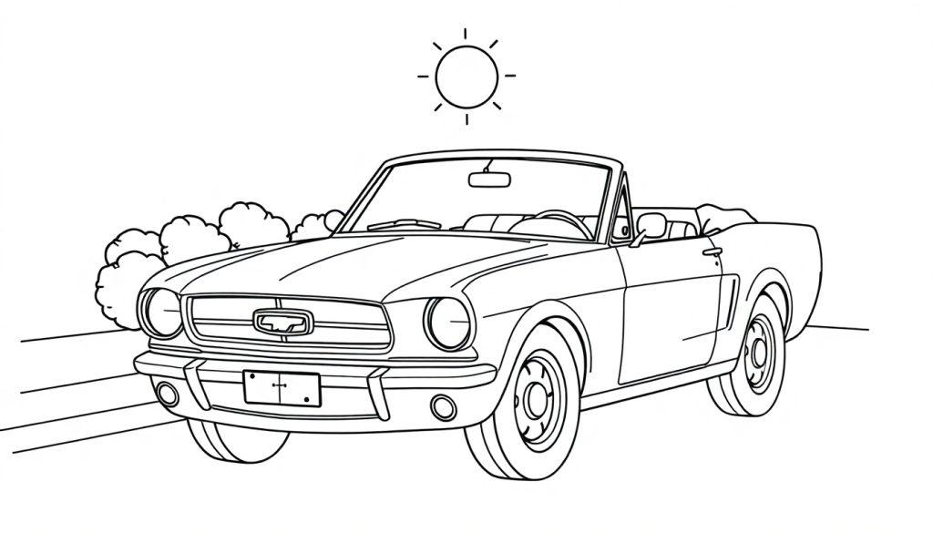 Schwarz-weiße Zeichnung eines Ford Mustang Cabriolets, bereit zum Ausmalen als Farbtafel.