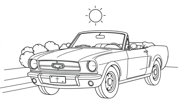 Schwarz-weiße Zeichnung eines Ford Mustang Cabriolets, bereit zum Ausmalen als Farbtafel.
