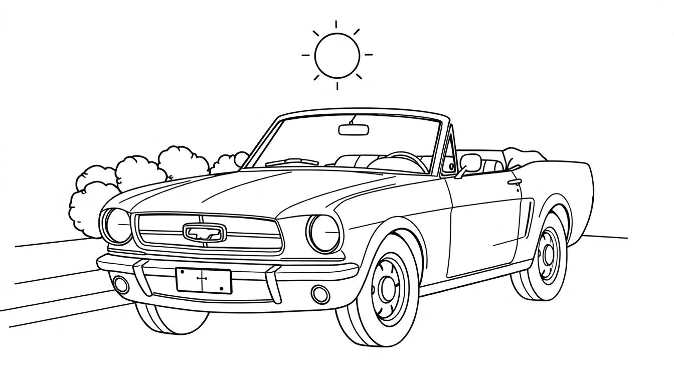 Schwarz-weiße Zeichnung eines Ford Mustang Cabriolets, bereit zum Ausmalen als Farbtafel.