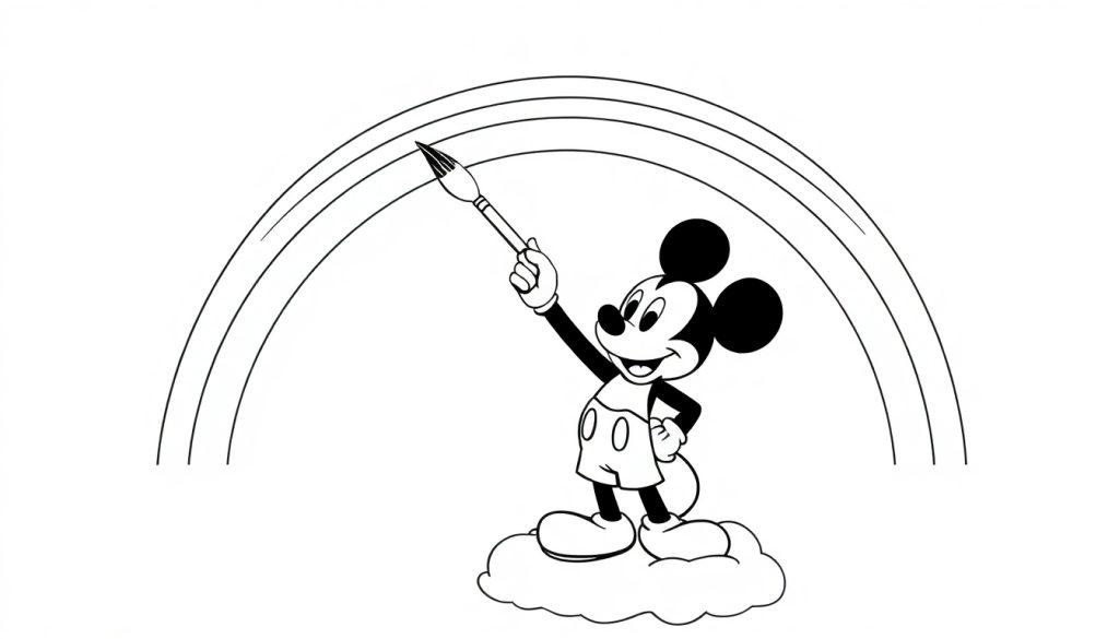 Micky Maus malt einen bunten Regenbogen auf einer Wolke – eine Farbtafel.