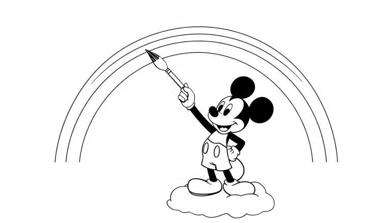 Micky Maus malt einen bunten Regenbogen auf einer Wolke – eine Farbtafel.
