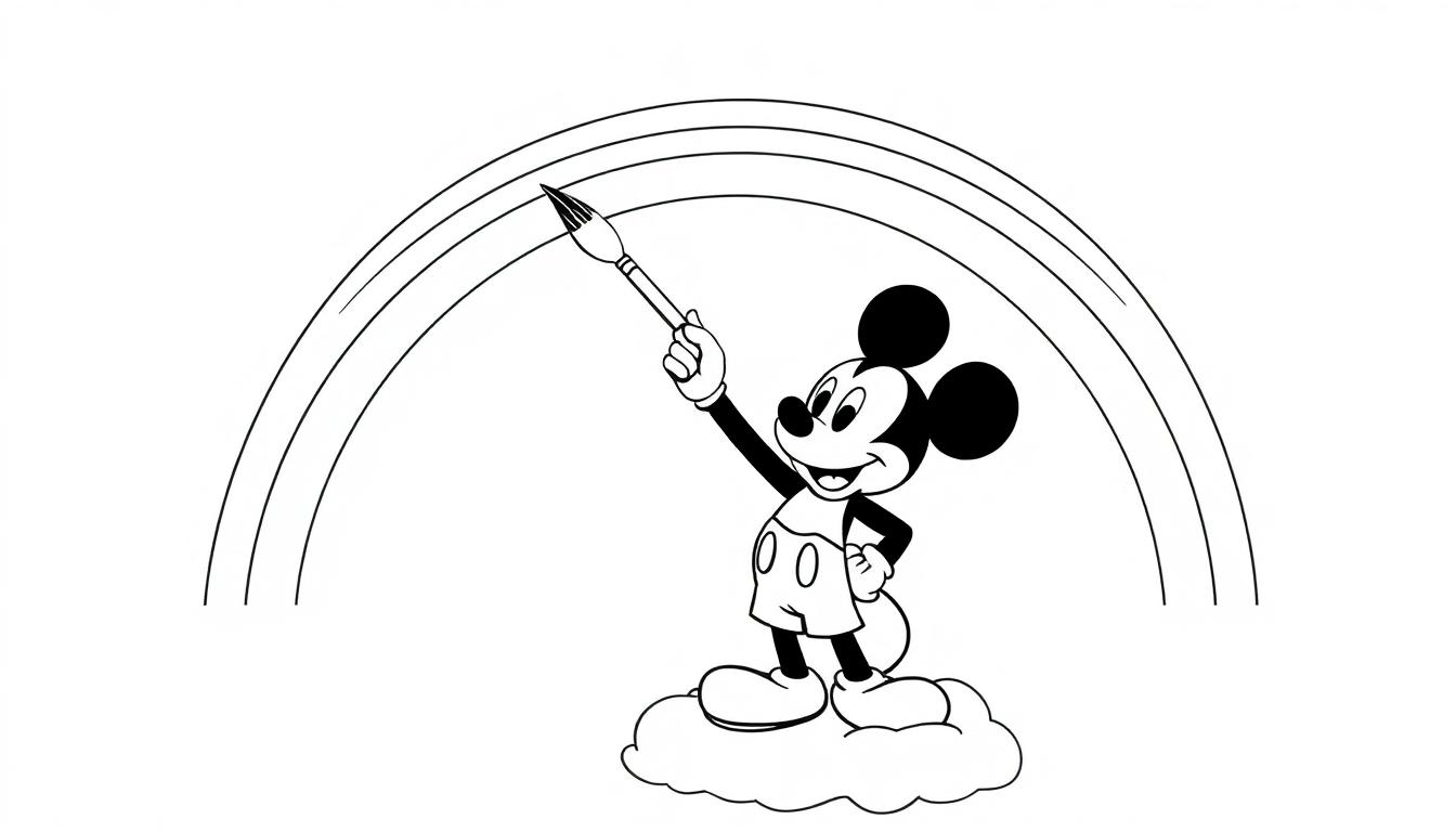 Micky Maus malt einen bunten Regenbogen auf einer Wolke – eine Farbtafel.