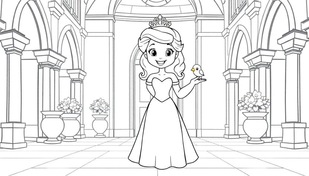 Schwarz-weiße Linienzeichnung eines Cartoon-Mädchens mit Krone und Kleid, das einen Vogel in einem Ballsaal hält, bereit zum Ausmalen als Farbtafel.