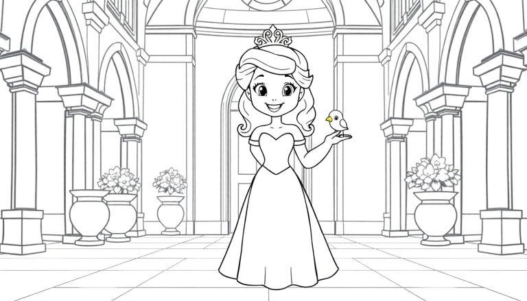 Schwarz-weiße Linienzeichnung eines Cartoon-Mädchens mit Krone und Kleid, das einen Vogel in einem Ballsaal hält, bereit zum Ausmalen als Farbtafel.