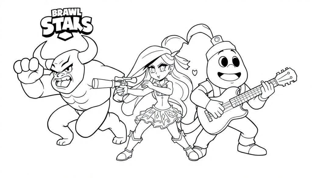 Schwarz-weiß Farbtafel von Brawl Stars Charakteren: Bull, Colt und Tick zum Ausmalen.